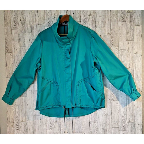 St. John Woman Teal Green Windbreaker Size L Zipper Snaps Pockets FLAW SNAGS - Picture 2 of 16